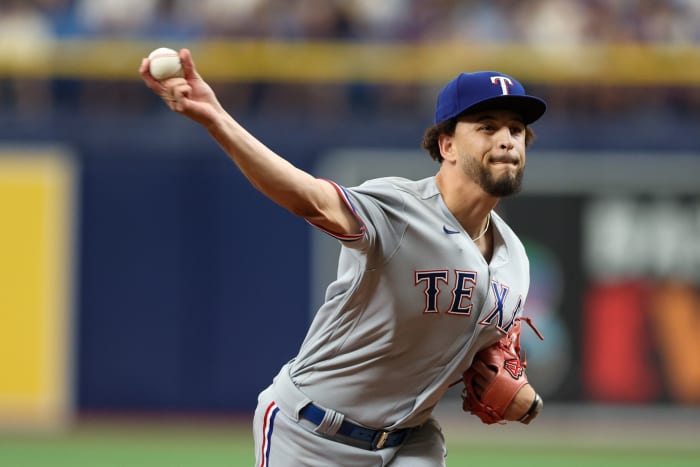 Jun 11, 2023; St. Petersburg, Florida, USA; Texas Rangers starting pitcher Yerry Rodriguez (57) throws a pitch against the Tampa Bay Rays in the eighth inning at Tropicana Field. Mandatory Credit: Nathan Ray Seebeck-USA TODAY Sports